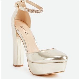 JustFab gold platform pump with rhinestone strap
